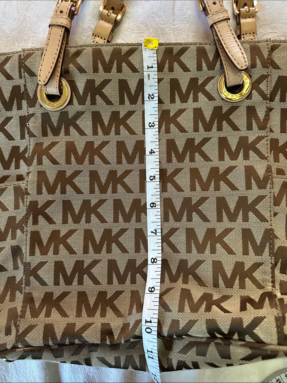 Michael Kors Tan and Brown MK Logo Tote with Gold Hardware - Picture 11 of 14